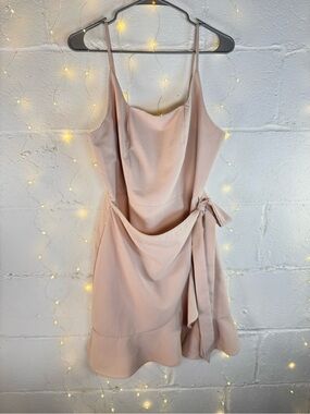Women’s Beige Cowl Neck Mini Dress Size L Adjustable Straps Tie Waist Ruffle